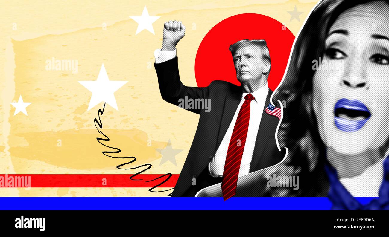 Ritratto di Donald Trump e Kamala Harris. Collage fotografico illustrativo con effetto mezzitoni. Collage illustrativi per la United Stat del 2024 Foto Stock