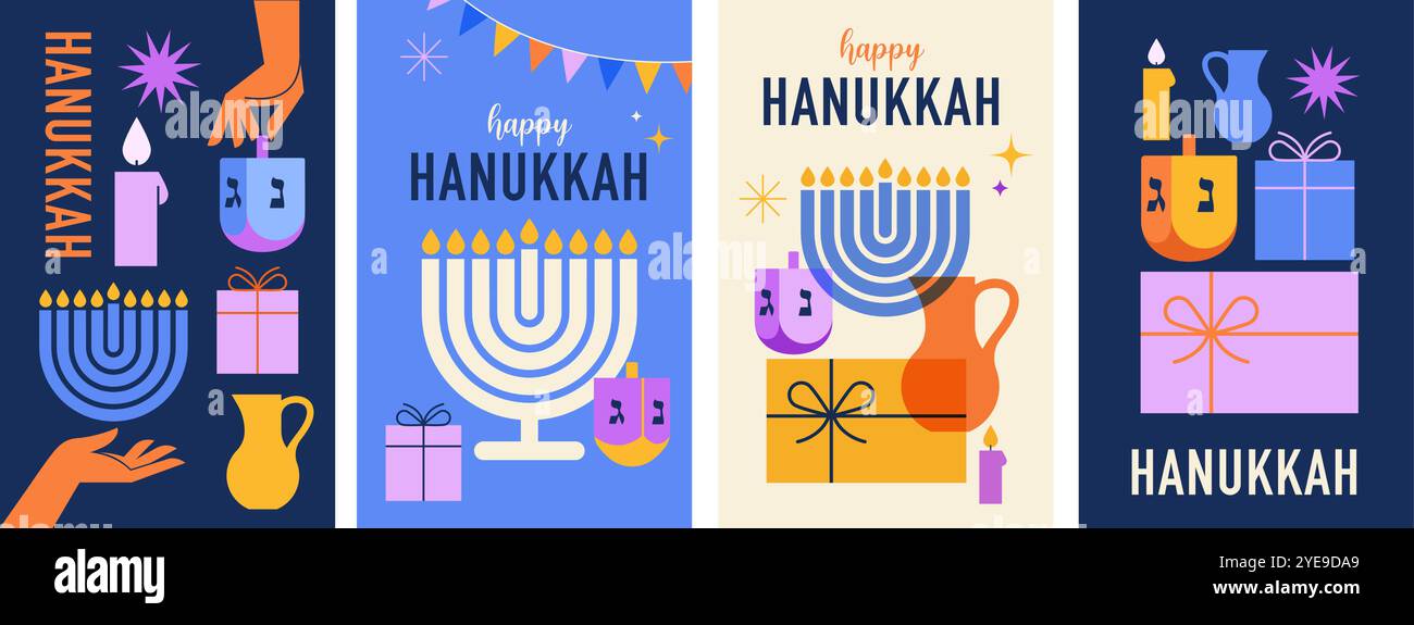 Banner Happy Hanukkah, schede verticali, sfondo, poster. Design moderno per vacanze tradizionali. Menorah, colomba, candele e dreidel Illustrazione Vettoriale