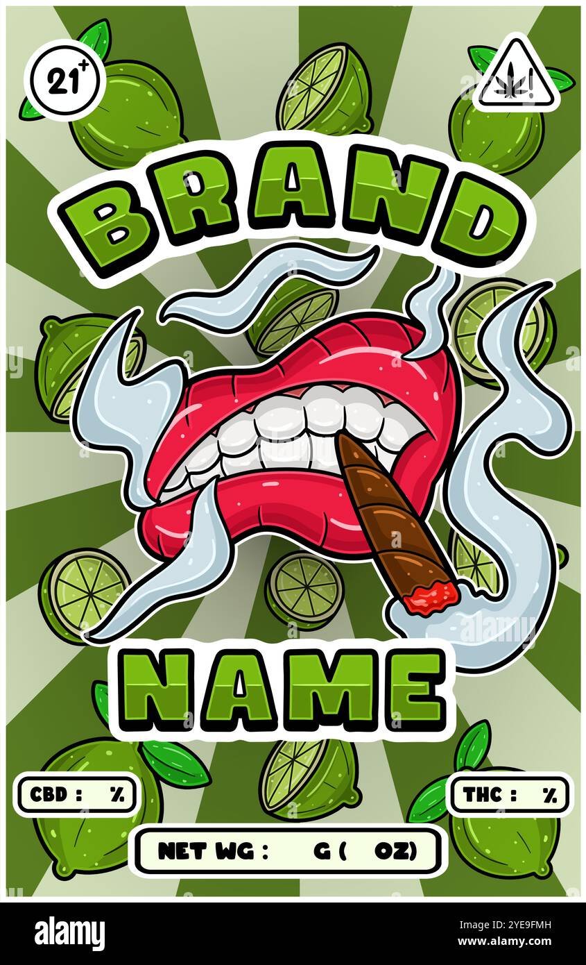 Bocca per fumare cartoni animati con ceppi di lime e Smoke for Cannabis and Tobacco Packaging Design. Illustrazioni dei vettori Illustrazione Vettoriale