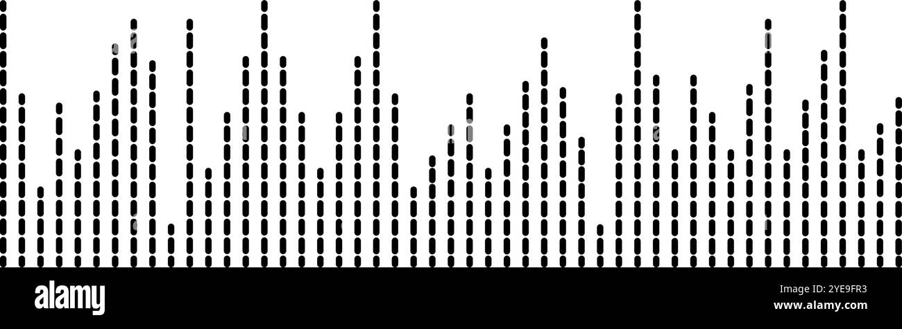 L'ipnotico motivo a onda sonora di puntini neri forma una silhouette cittadina su uno sfondo bianco, mescolando musica, ritmo e tecnologia in un Illustrazione Vettoriale