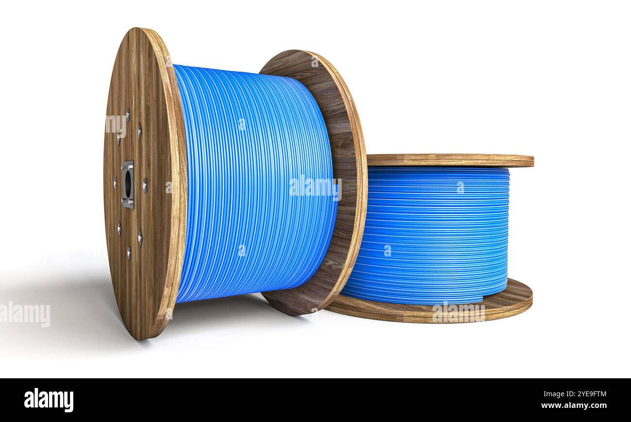 Avvolgicavo in legno con cavo blu sfondo bianco 3d. Foto Stock