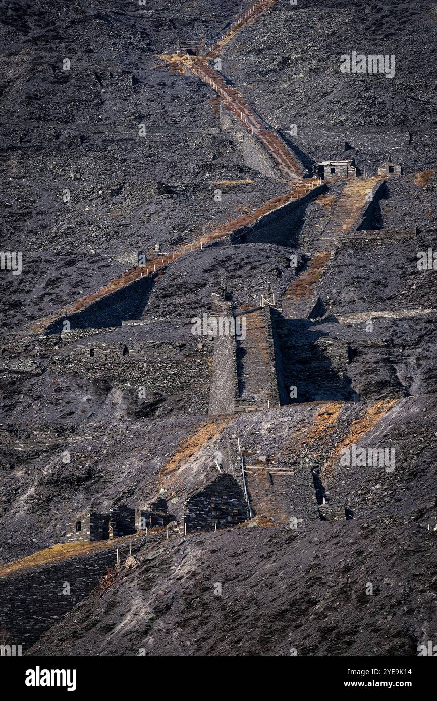 Le pendenze in disuso delle cave di Dinorwic Quarry, Snowdonia National Park, Galles del Nord, Regno Unito Foto Stock