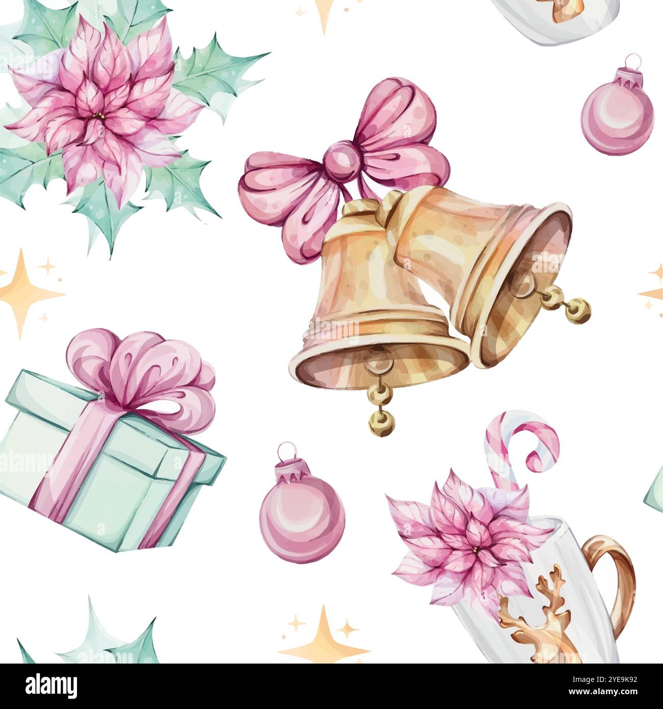 Acquerello natalizio motivo senza cuciture - bouquet di fiori di punta rossa, composizioni con foglie verdi agrifoglio e mignolo, bacche rosse. Jingle dorato Illustrazione Vettoriale
