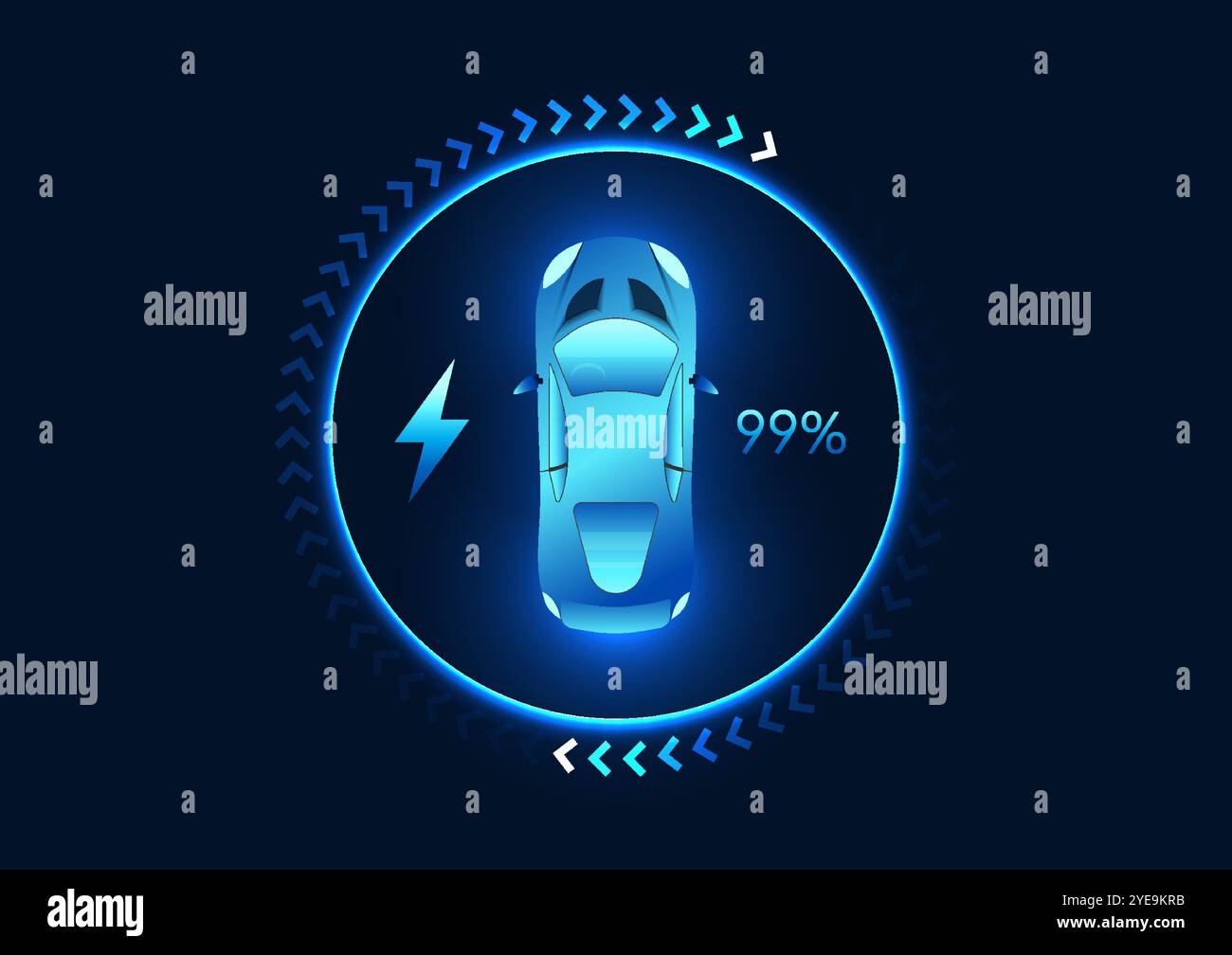 Tecnologia dei veicoli elettrici la schermata della vettura mostra lo stato di carica della batteria, insieme a una freccia, che indica che la vettura è alimentata da corrente elettrica Illustrazione Vettoriale