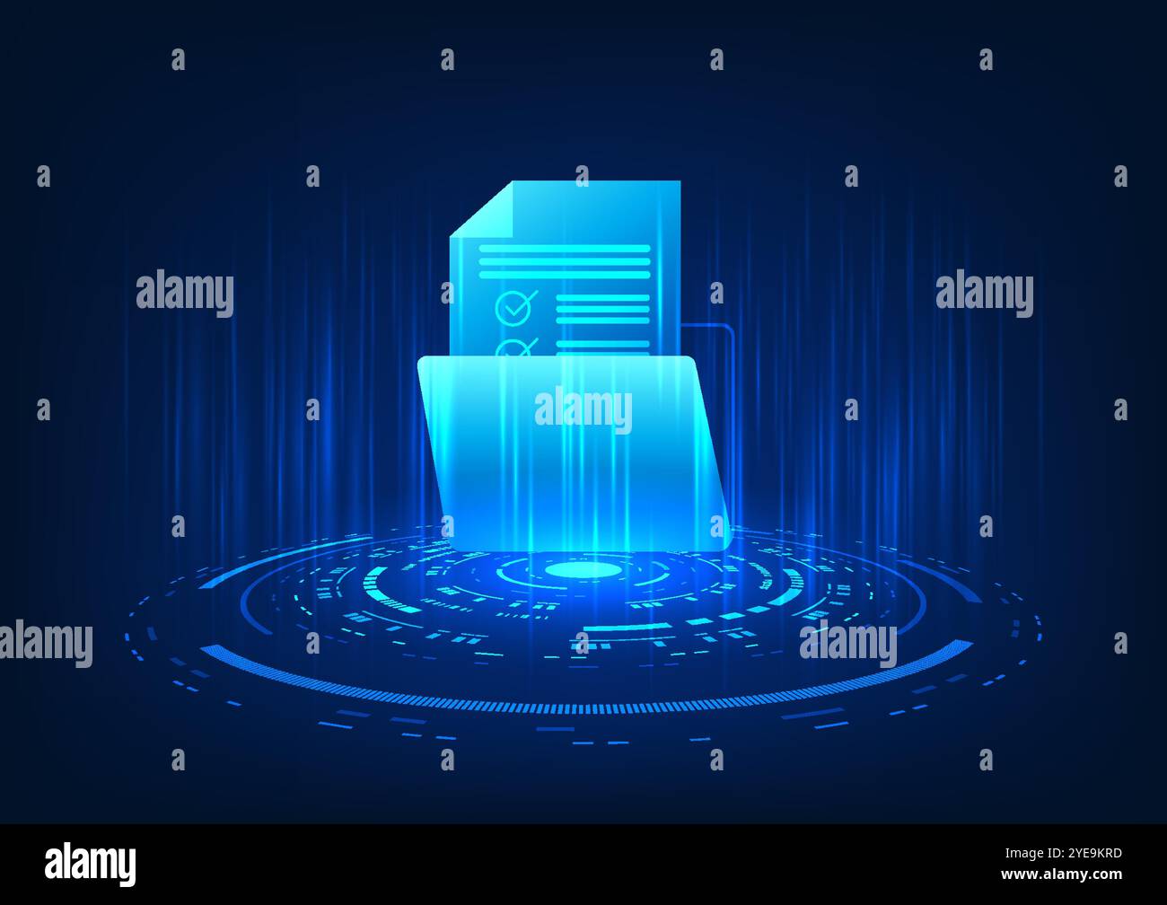 Immagine ologramma di un file di documento della tecnologia di archiviazione digitale proiettato, che mostra un file di documento digitale memorizzato su un server sicuro basato su Internet. Illustrazione Vettoriale