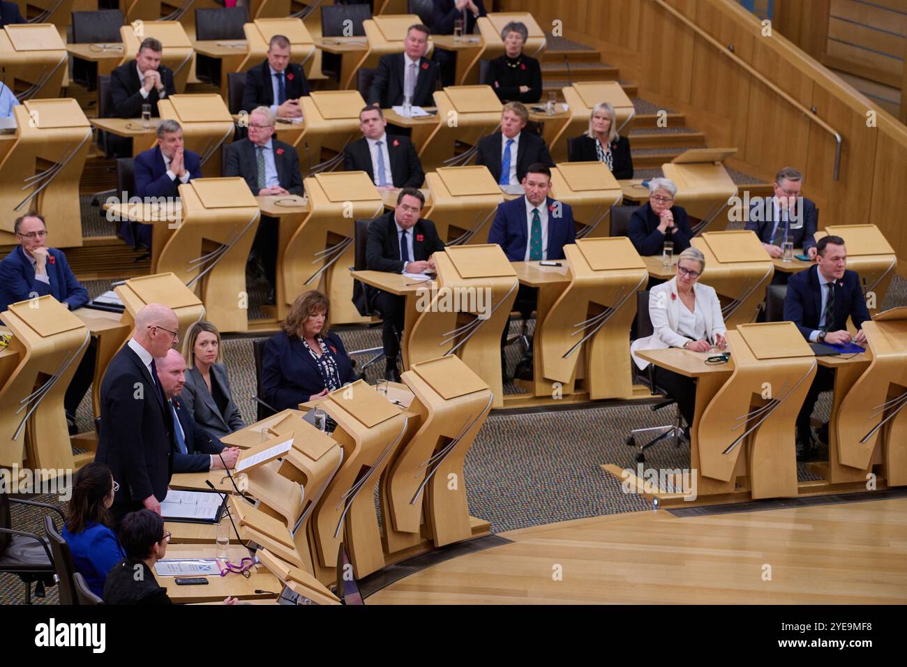 Edimburgo Scozia, Regno Unito 30 ottobre 2024. Primo ministro scozzese John Swinney MSP al Parlamento scozzese per una mozione di condoglianze a seguito della morte dell'ex primo ministro Alex Salmond. credito sst/alamy notizie in diretta Foto Stock