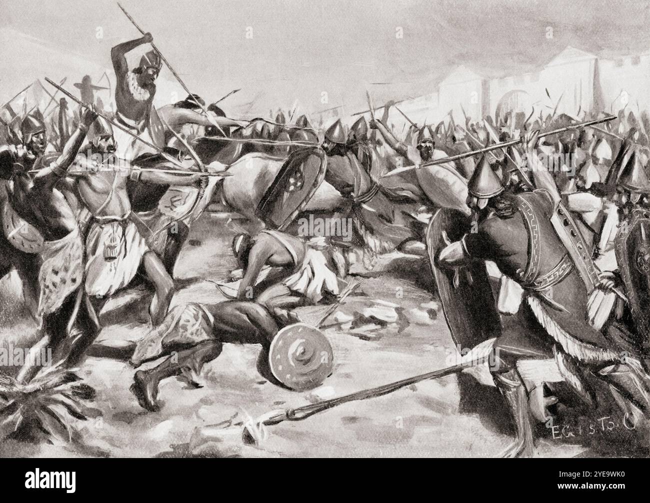 La battaglia di Carchemish, intorno al 605 a.C. tra gli eserciti di Babilonia, i medi, i Persiani e gli Sciti contro gli eserciti alleati di Egitto e Assiria. Foto Stock