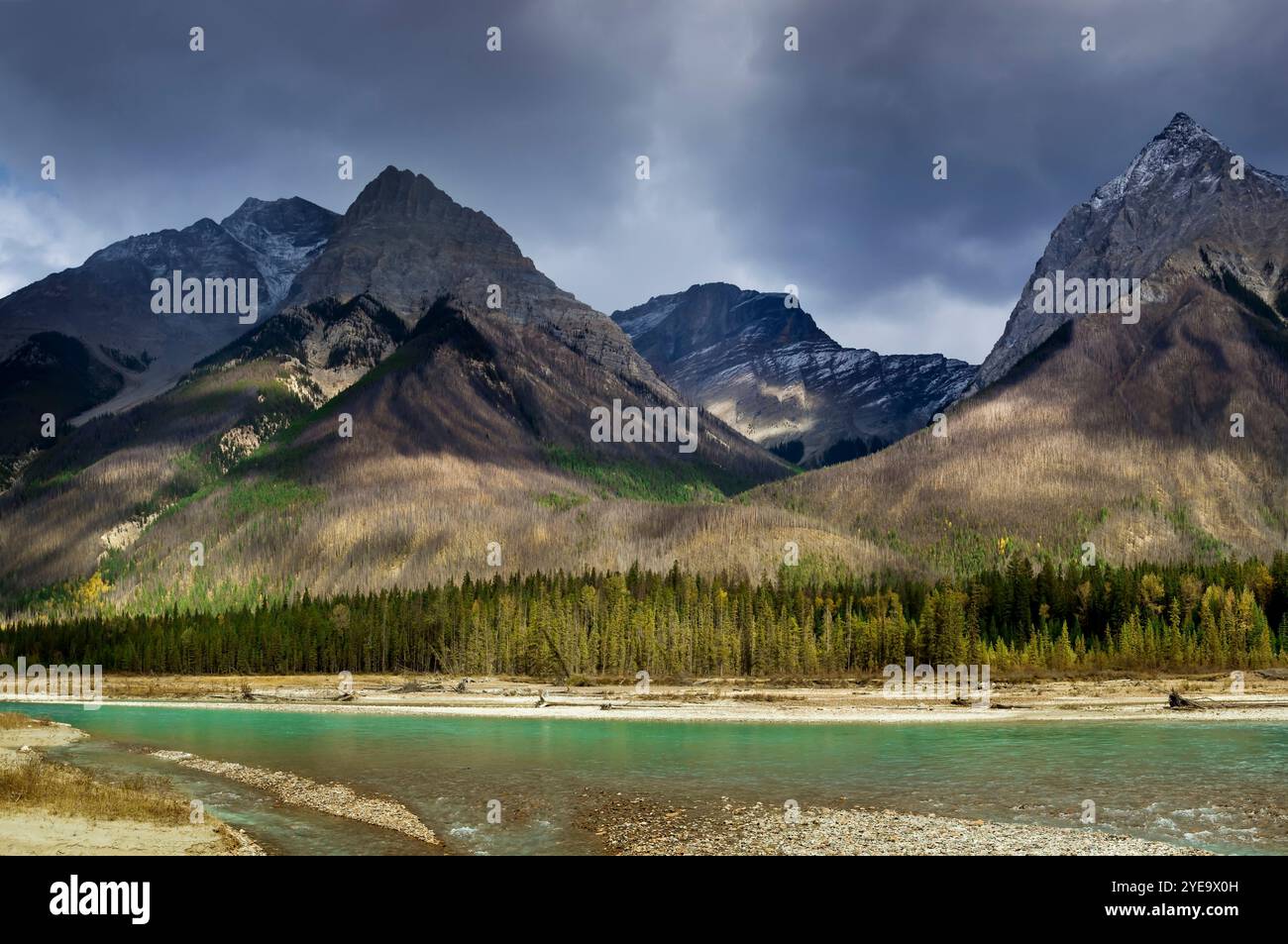 Mount Vaux, Chancellor Peak e Kicking Horse River nel Parco Nazionale di Yoho; British Columbia, Canada Foto Stock