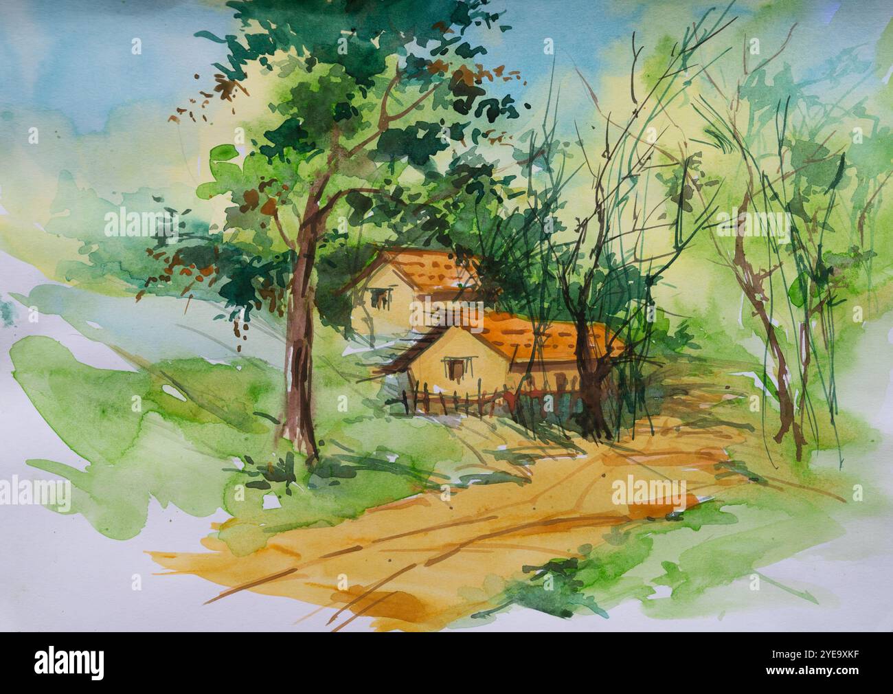 Bel panorama di case e alberi del villaggio con vegetazione verde. Arte ad acquerello dipinta a mano creata con vernice ad acquerello e pennelli. Villaggio indiano. Foto Stock