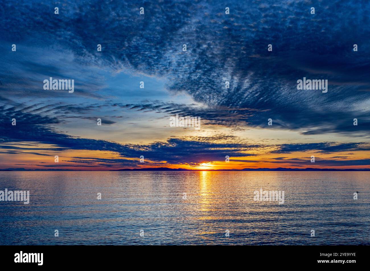 Splendide nuvole blu scuro si formano sopra il sole dorato che si riflette sull'Oceano Pacifico al crepuscolo, White Rock; British Columbia, Canada Foto Stock
