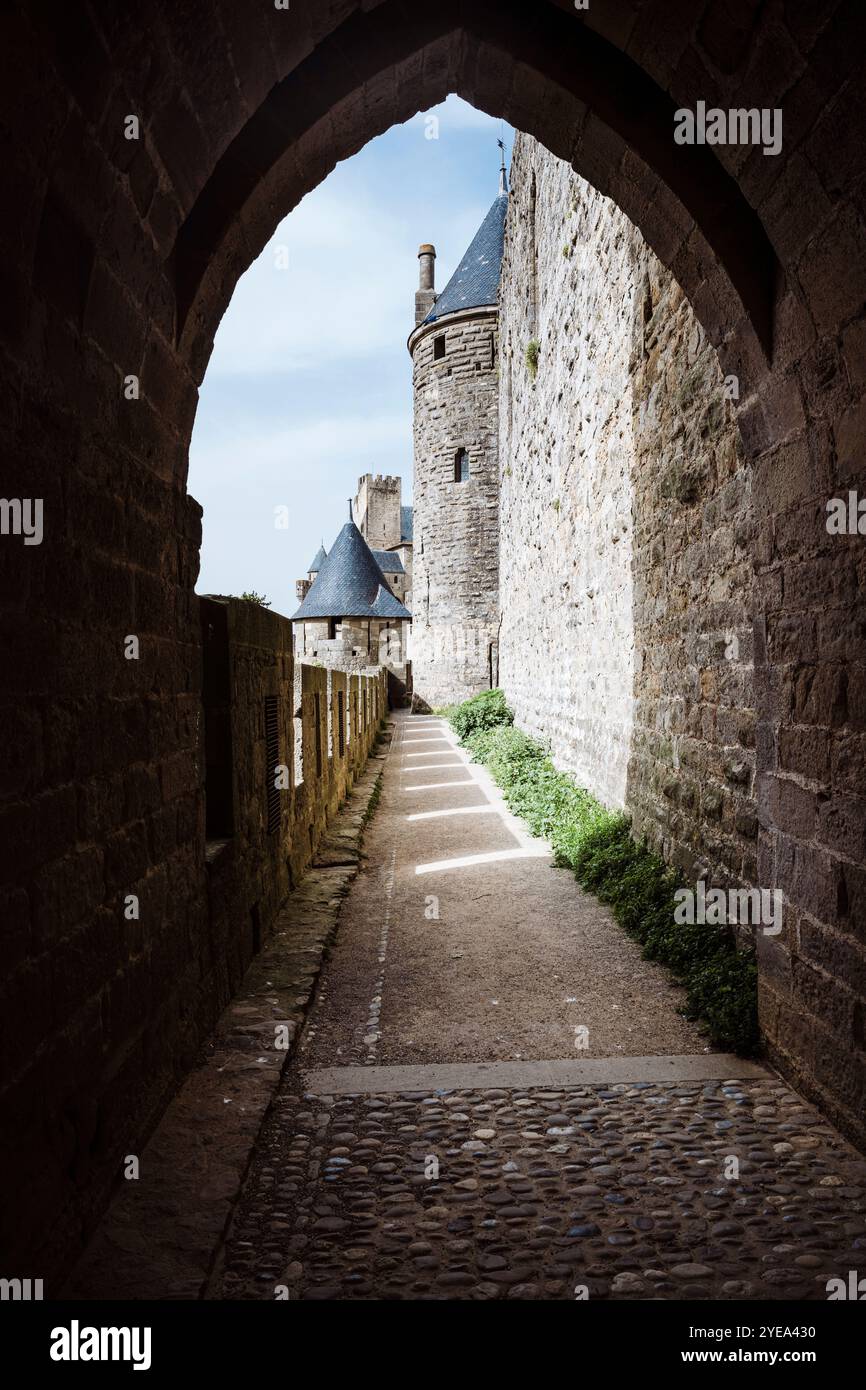 Torri, porte, mura e merlature della fortezza medievale di Carcassonne, Occitania, Francia Foto Stock