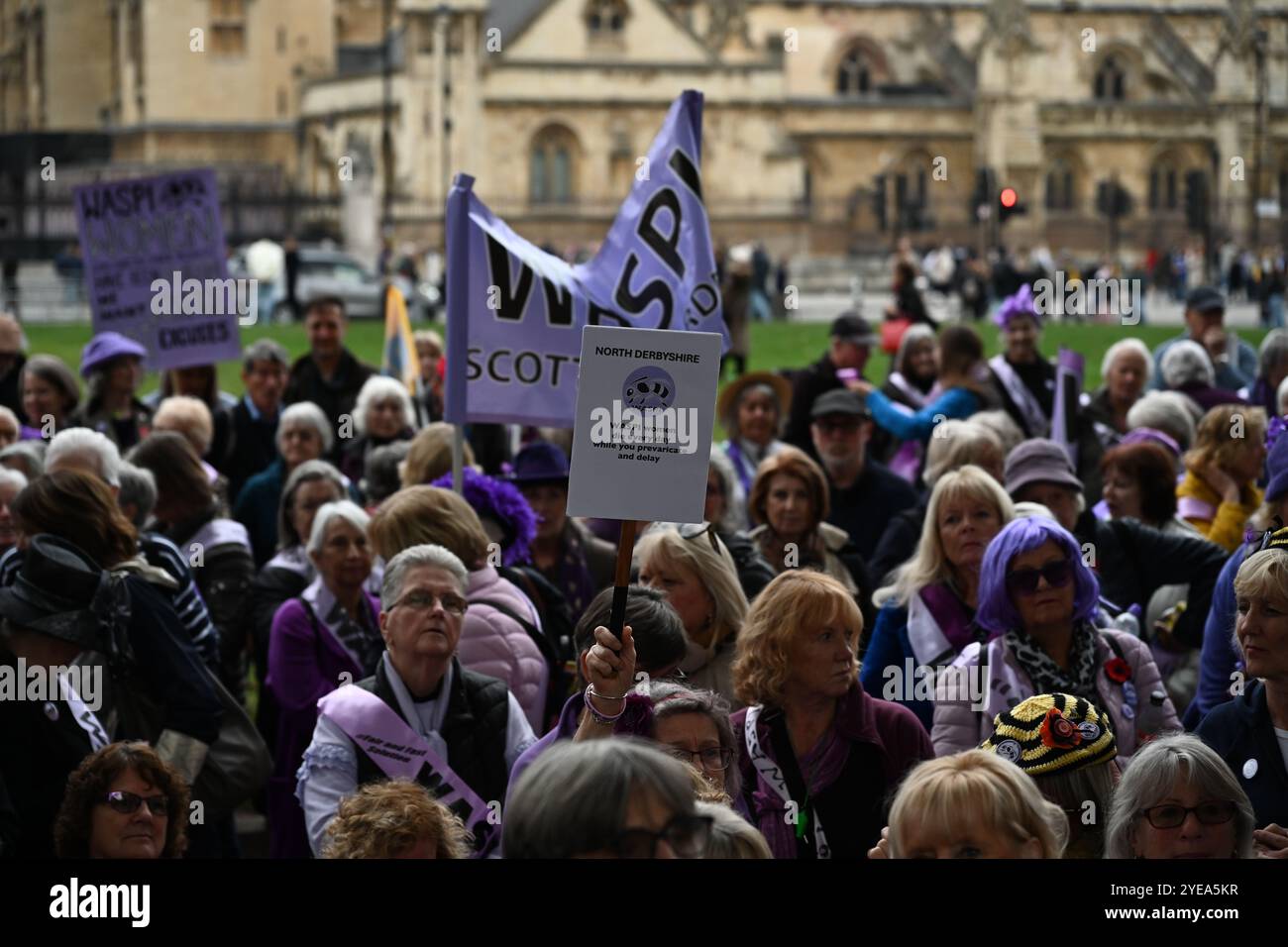 LONDRA, REGNO UNITO. 30 ottobre 2024. Il deputato sostiene WASPI per continuare la lotta per la giustizia, che è stata attesa da tempo per pagare le pensioni delle donne nate nelle proteste degli anni '1950 nella piazza del Parlamento, Londra, Regno Unito. (Foto di 李世惠/SEE li/Picture Capital) credito: Vedi li/Picture Capital/Alamy Live News Foto Stock