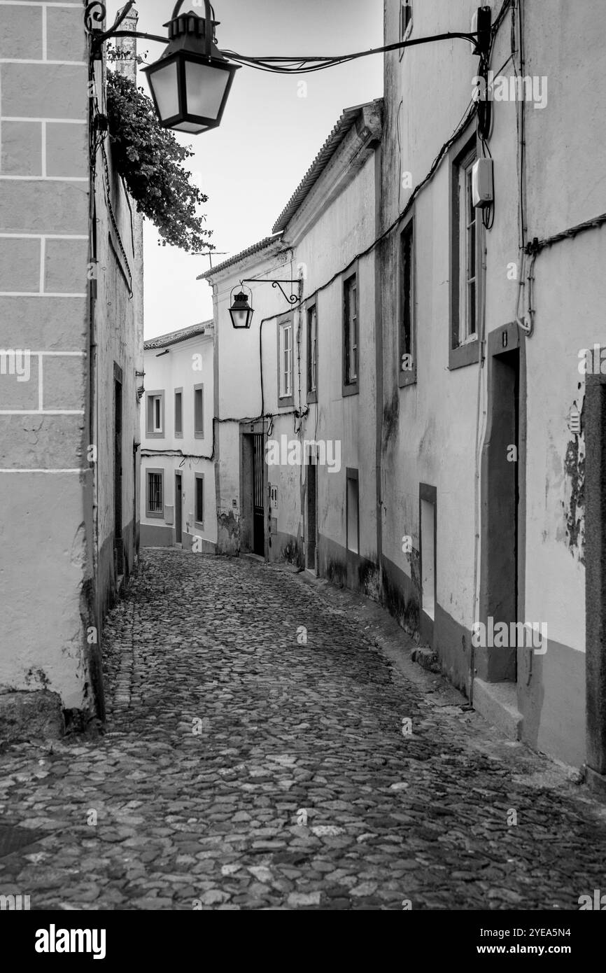 Strada acciottolata tra gli alloggi di Evora, un sito patrimonio dell'umanità dell'UNESCO in Portogallo. Evora è la capitale dell'Alentejo, centro-meridionale del Portogallo... Foto Stock