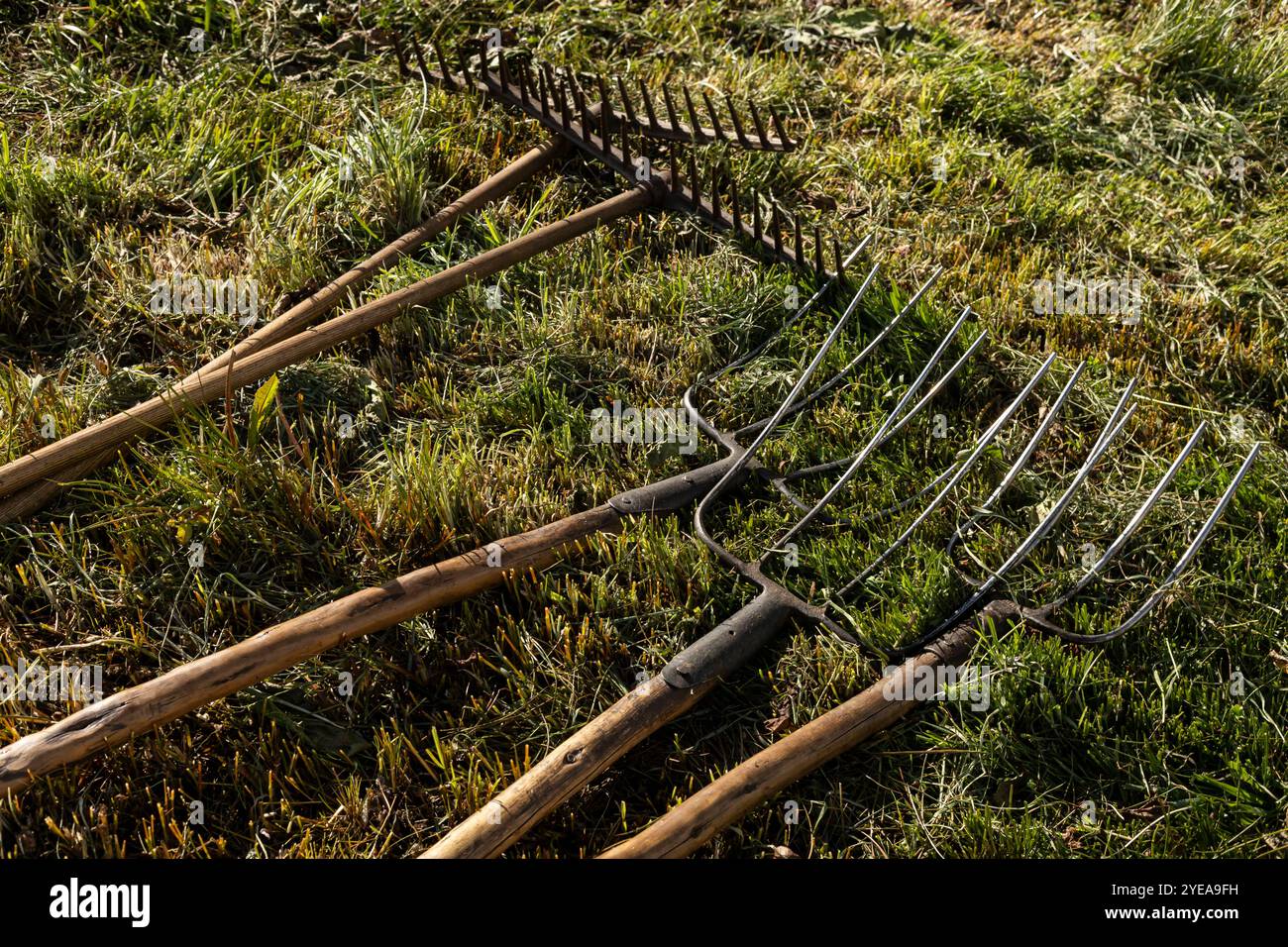 Set di rastrelli e spazzatrici per attrezzature sul campo Foto Stock