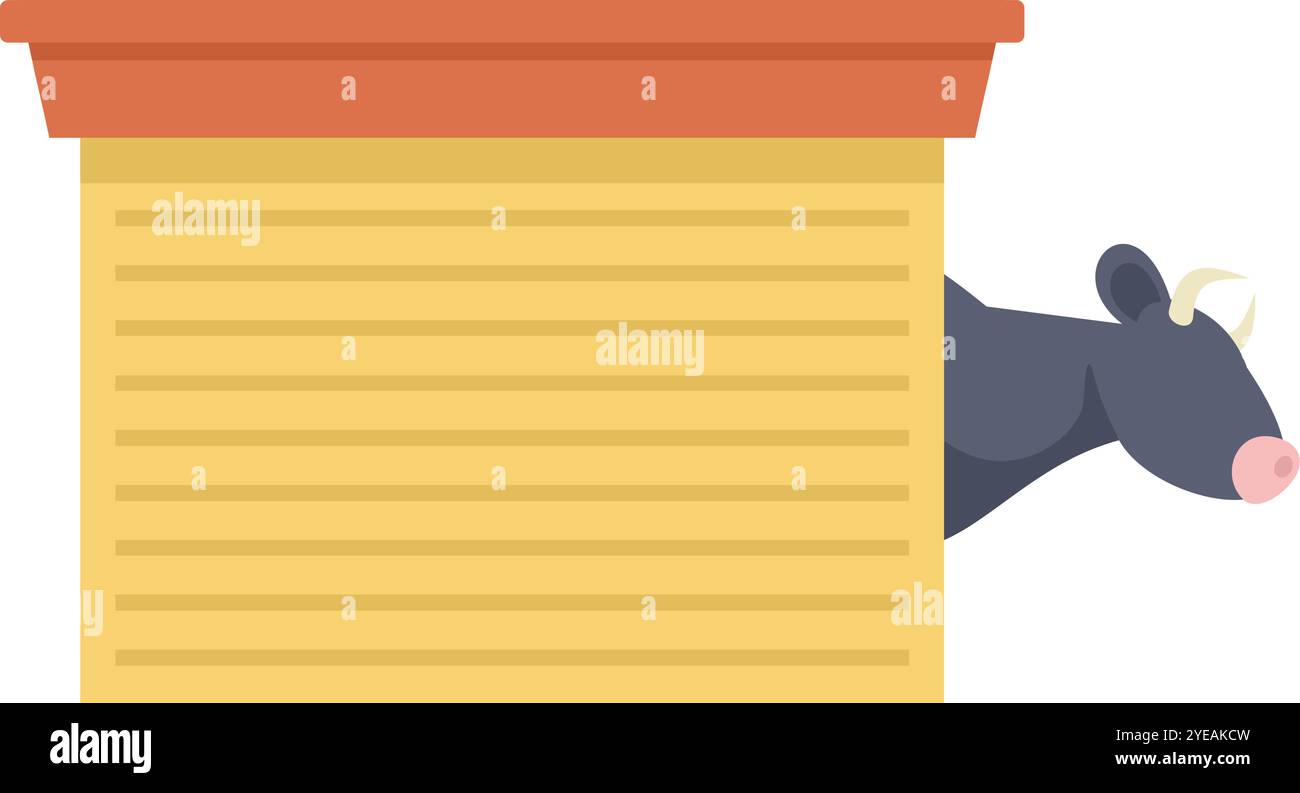 Mucca nera che sbircia fuori dal fienile di legno su sfondo bianco Illustrazione Vettoriale