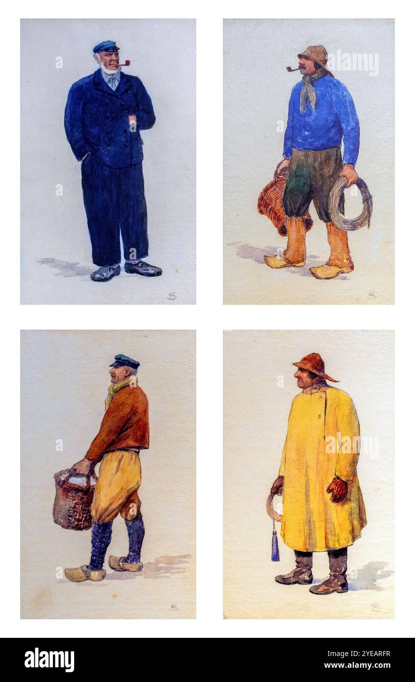Disegni di costumi tradizionali dei pescatori fiamminghi di Blankenberge e Ostenda/Ostenda lungo la costa del Mare del Nord, nelle Fiandre occidentali, in Belgio Foto Stock