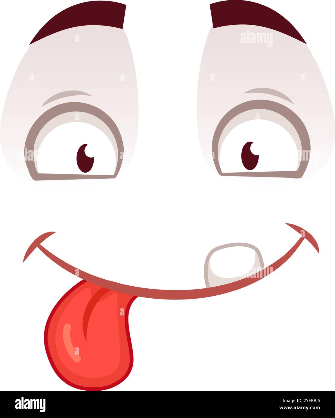 Simpatico volto da cartone animato con occhi grandi e un'espressione stupida, con la sua lingua in modo giocoso, irresistibile umorismo e divertimento su uno sfondo bianco, perfetto per Illustrazione Vettoriale