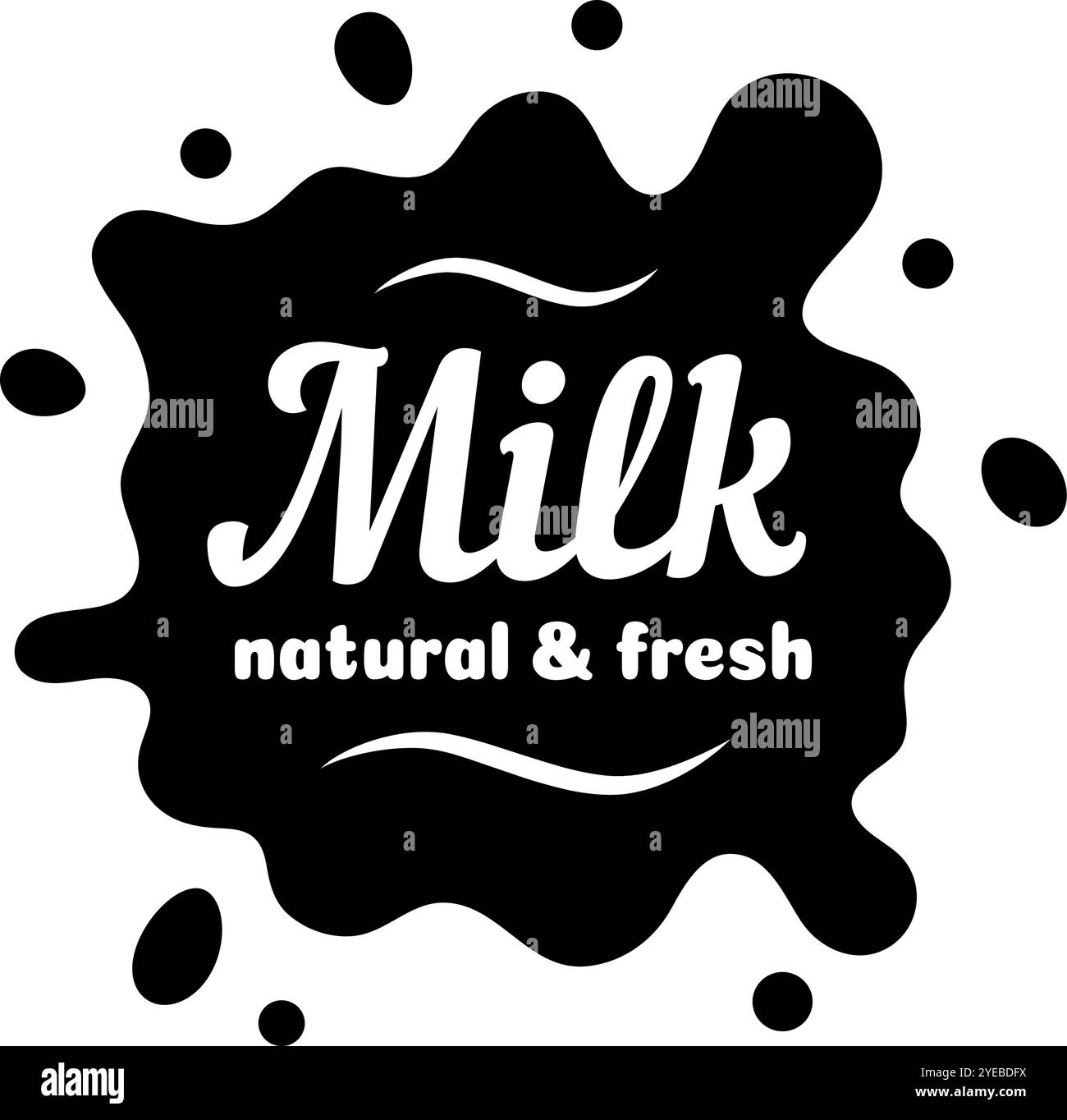 Logo in bianco e nero con latte stilizzato e testo che enfatizza le qualità naturali e fresche dei prodotti lattiero-caseari Illustrazione Vettoriale