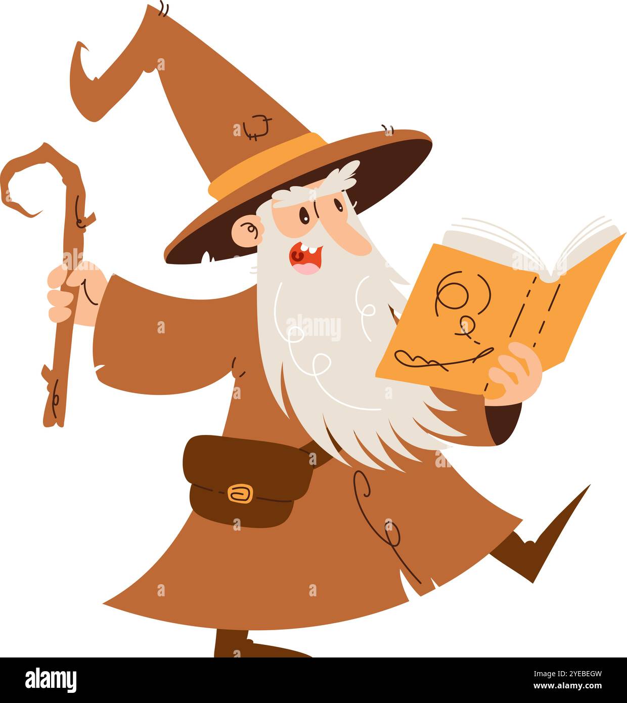 Giocosa illustrazione a fumetto di un mago con una lunga barba, leggendo un libro di incantesimi e tenendo in mano un bastone di legno, isolato sul bianco. Illustrazione Vettoriale