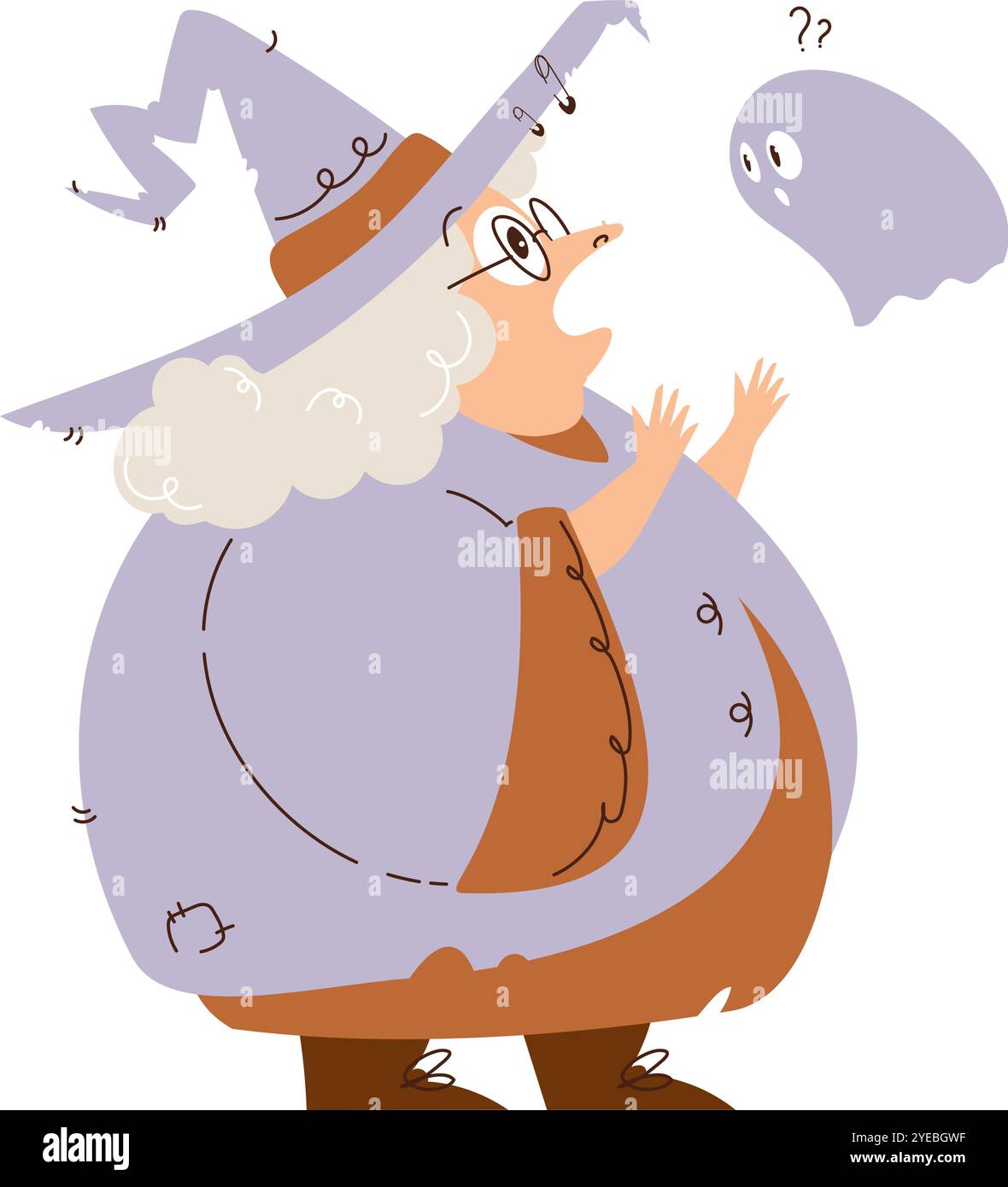 Giocosa illustrazione di un cartone animato di una strega anziana con un cappello appuntito, sorpreso da un simpatico fantasma, che trasmette una scena umoristica di Halloween. Illustrazione Vettoriale