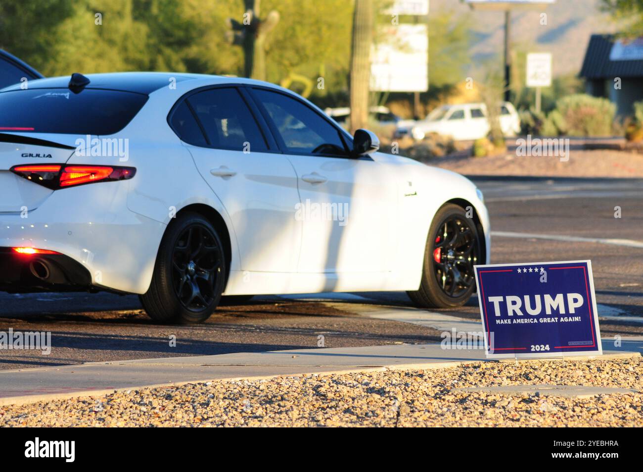 Apache Junction, Arizona, Stati Uniti. 30 ottobre 2024. I segnali della campagna elettorale per la linea elettorale del 2024 a Apache Junction, Arizona, incoraggiando il sostegno degli elettori all'avvicinarsi del giorno delle elezioni. A una settimana dalle elezioni, i partiti politici usano insegne visibili per coinvolgere gli elettori in questa città in crescita. Nelle elezioni presidenziali del 2016 e del 2020, l'area mostrò un forte sostegno al candidato repubblicano, allineandosi con le tendenze conservatrici nella contea di Pinal. (Credit Image: © Eduardo Barraza/ZUMA Press Wire) SOLO PER USO EDITORIALE! Non per USO commerciale! Foto Stock