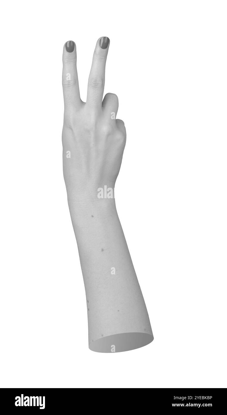 Mano femminile isolata che mostra un gesto a V con due dita sollevate, simboleggiando la vittoria e la pace. Su uno sfondo bianco, questo segno positivo re Foto Stock