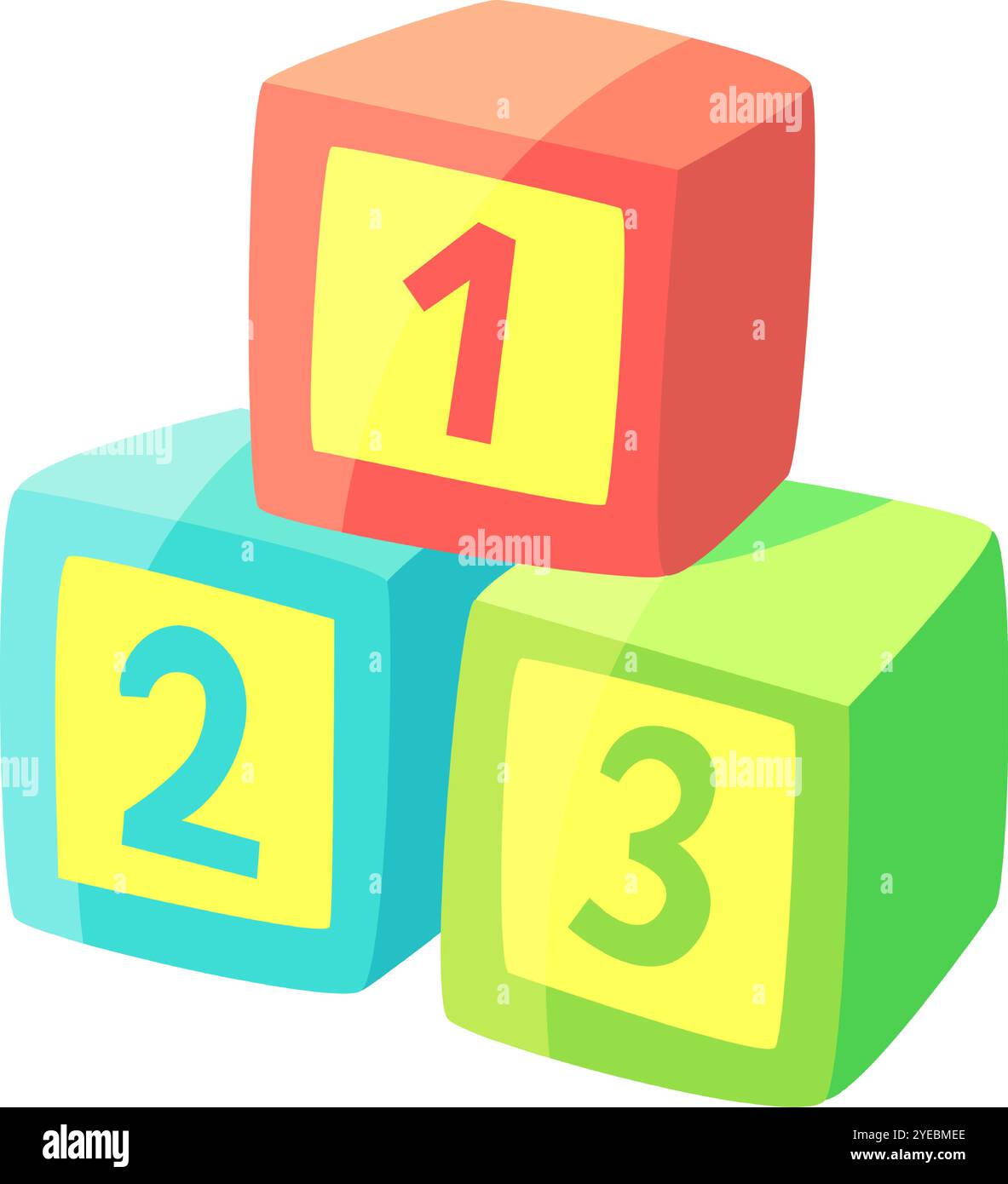 Tre blocchi di giocattoli colorati che formano una sequenza numerica, che rappresentano l'educazione della prima infanzia, il conteggio e l'apprendimento giocoso Illustrazione Vettoriale
