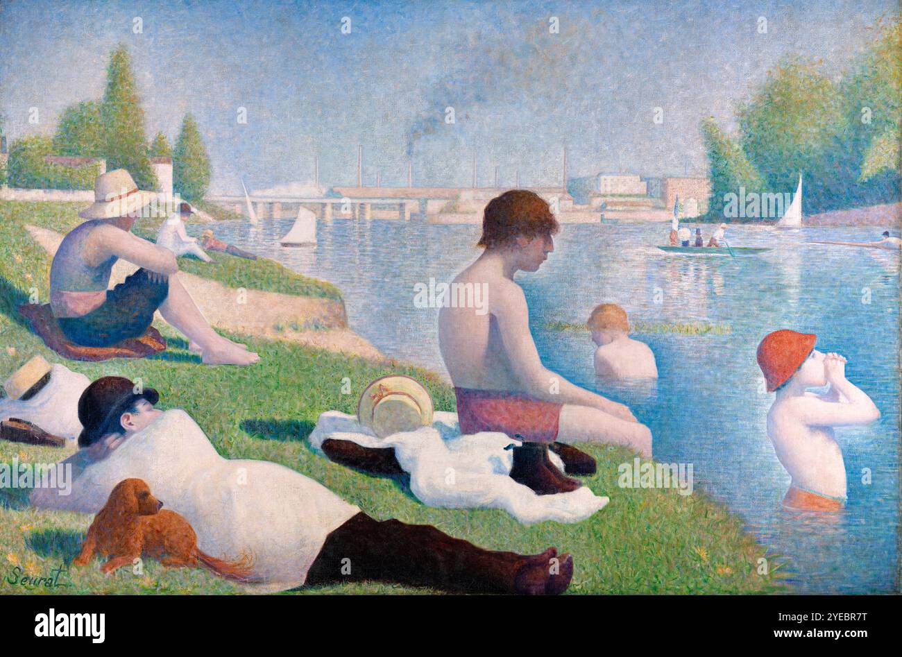 Bagnanti ad Asnières [Baigneurs à Asnières] dell'artista francese Georges Seurat (1859-1891) dipinto nel 1884 che mostra una tranquilla scena lungo il fiume di uomini e ragazzi che si rilassano sulla Senna vicino al sobborgo parigino di Asnières con una centrale elettrica in lontananza. Foto Stock