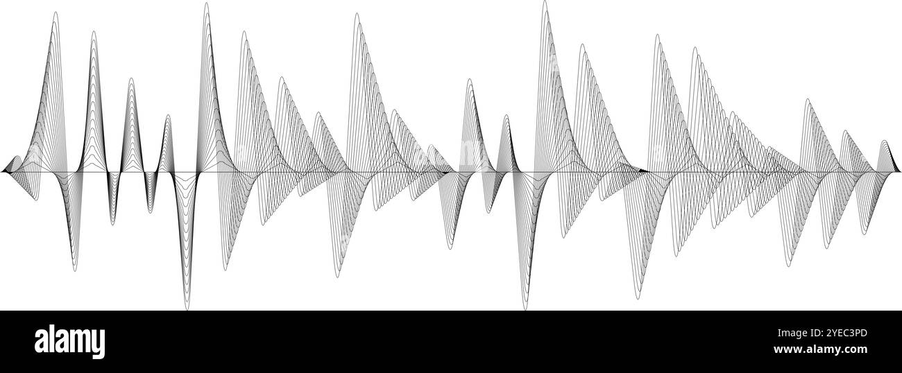 Le accattivanti linee astratte delle onde sonore rappresentano visivamente le frequenze audio, combinando tecnologia e arte in un moderno design in bianco e nero Illustrazione Vettoriale