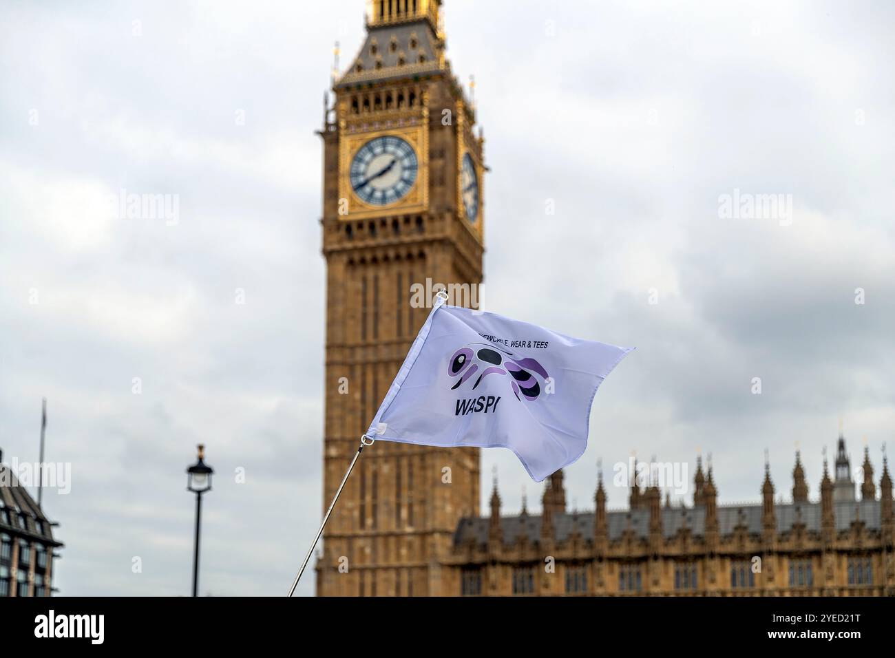 Parliament Square, Westminster, Londra, Regno Unito. Mercoledì 30 ottobre 2024. Centinaia di persone sono venute a manifestare nella piazza del Parlamento mentre la cancelliera Rachel Reeves ha tenuto il discorso sul bilancio in Parlamento. WASPI (Women Against State Pension Inequality) invita il governo britannico a concordare un indennizzo equo e rapido per tutte le donne colpite dalla mancanza di preavviso in merito agli aumenti dell'età pensionabile dello Stato (1995 e 2011 Pension Act) per riflettere le loro perdite finanziarie, i danni subiti alla loro salute mentale e al loro benessere e gli effetti aggiuntivi. Foto Stock