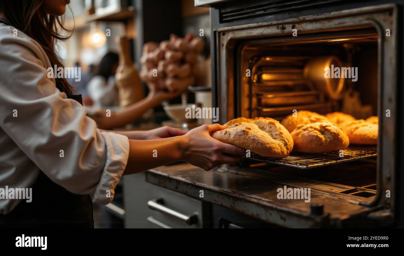 Pane appena sfornato pronto per essere esposto nella panetteria Foto Stock