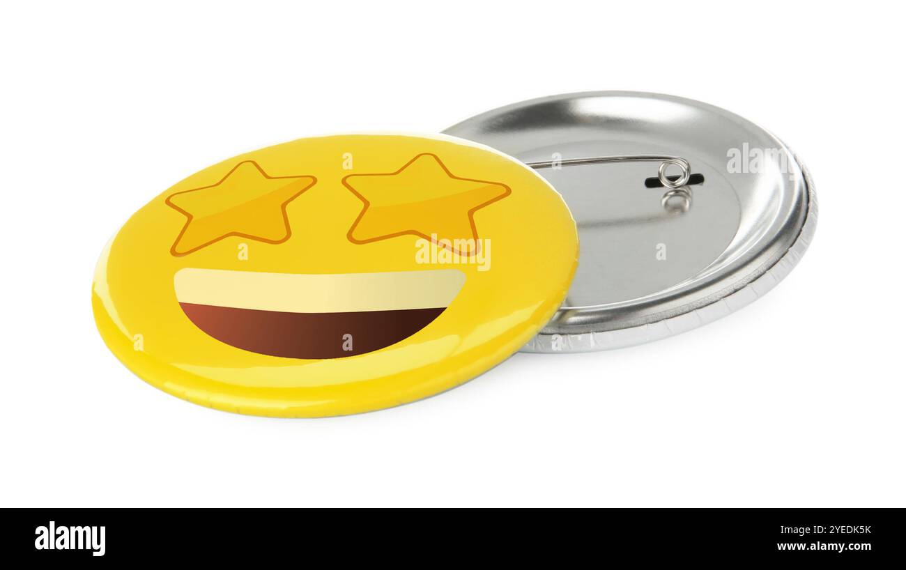 Distintivi isolati sul bianco. Uno con la faccia degli occhi stellati Foto Stock
