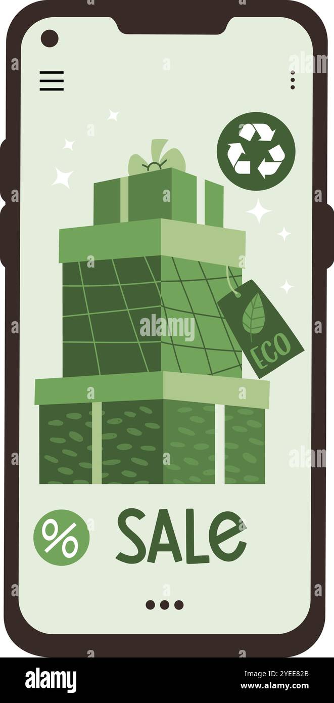 Telefono con acquisti ecologici online. Pile di confezioni regalo ecologiche. Vendita. Illustrazione vettoriale. Concept Moda sostenibile e Thrift o secondo Illustrazione Vettoriale