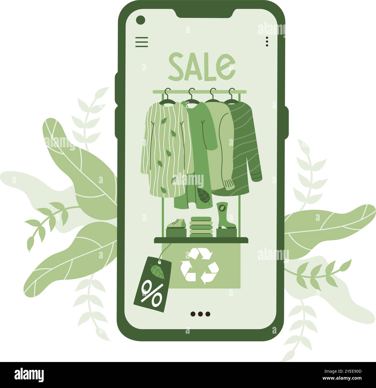 Abbigliamento ecologico per lo shopping online. Schermo del telefono con appendiabiti ecologici e naturali. Vendita. Vettore Illustrazione Vettoriale