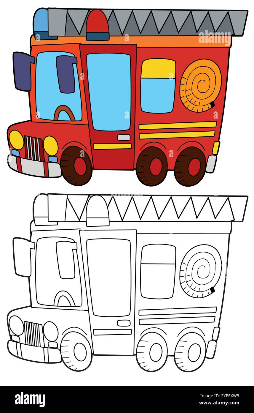 Pagina da colorare pompieri vigili del fuoco pagina da colorare auto illustrazione isolata per bambini Foto Stock
