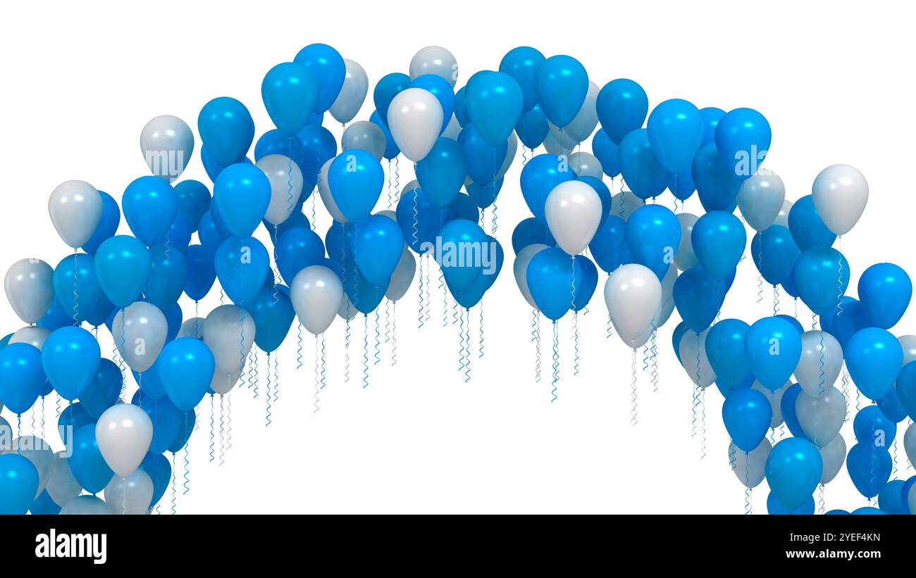 Arco a palloncino blu e bianco decorativo su sfondo bianco. Lo sfondo delle celebrazioni di compleanno Foto Stock