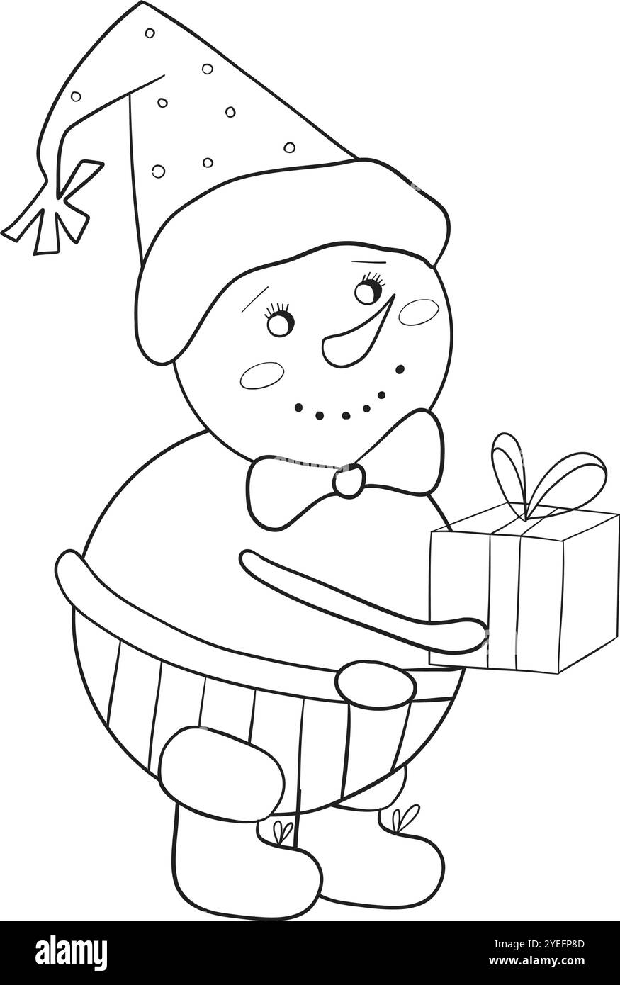 Il simpatico pupazzo di neve vintage con stivali, pantaloni e berretto regala un regalo. Illustrazione vettoriale in bianco e nero disegnata a mano in stile cartone animato. Elemento natalizio per cartoline, stampe, striscioni e altri design Illustrazione Vettoriale