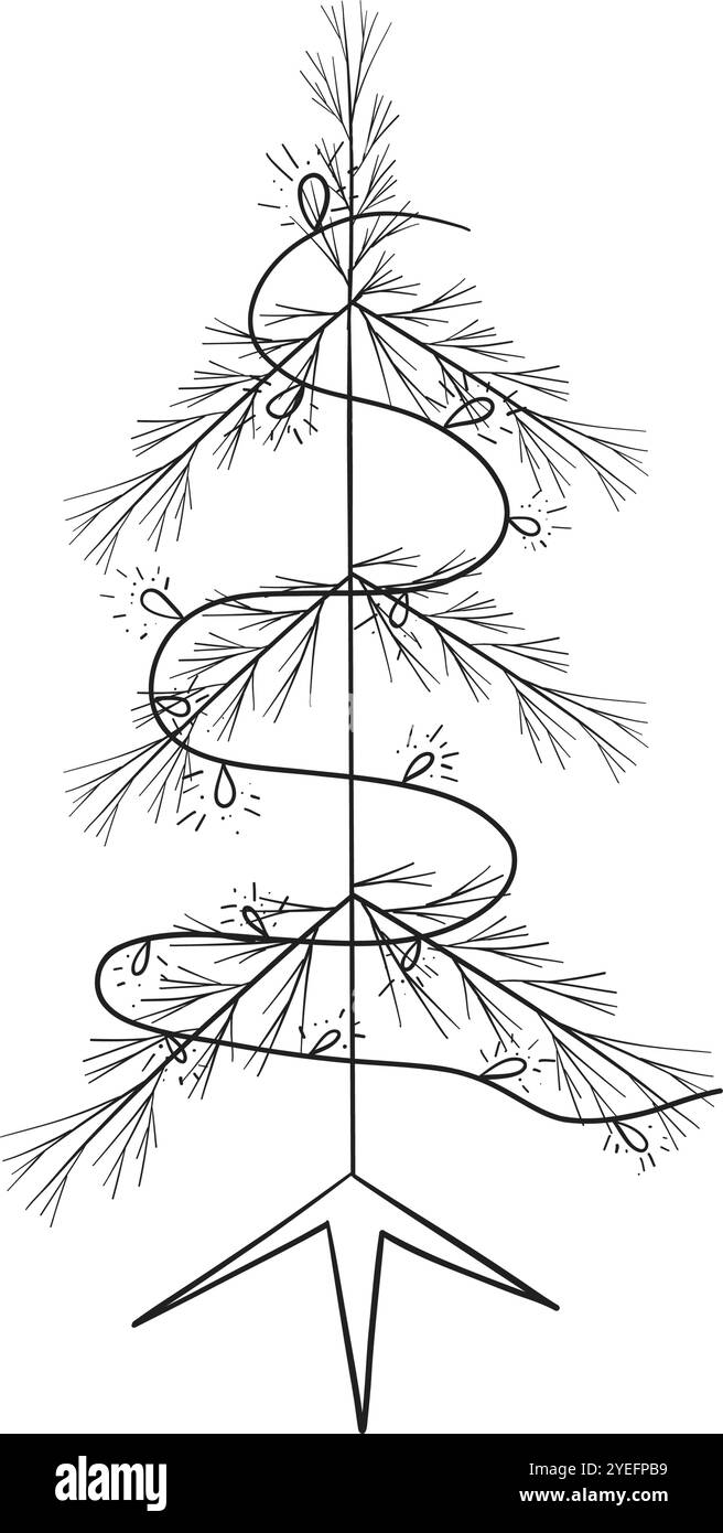 Albero di Capodanno con ghirlande. Illustrazione del contorno disegnata a mano, isolata in bianco e nero, monocromatica. Vettore. Per le carte, progettare. striscioni, inviti Illustrazione Vettoriale