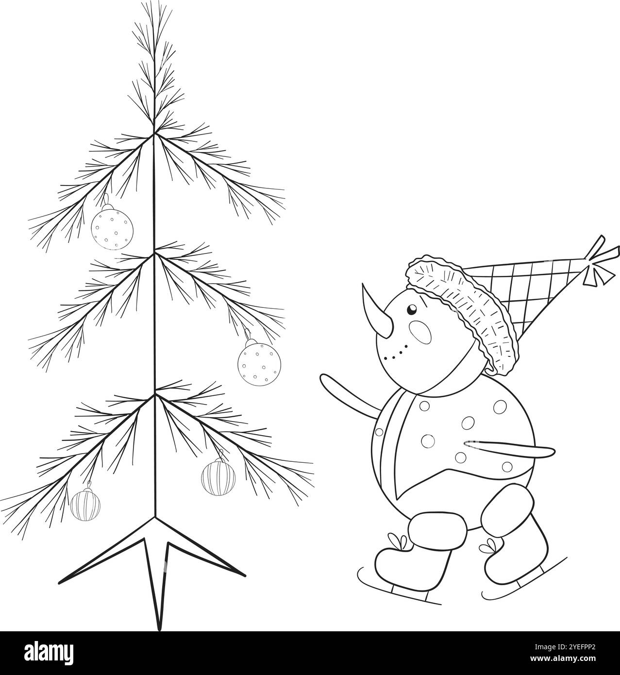 Un simpatico pupazzo di neve d'epoca in un berretto pattina vicino all'albero di Natale. Illustrazione vettoriale in bianco e nero disegnata a mano in stile cartone animato. Elemento natalizio per cartoline, stampe, striscioni e altri design Illustrazione Vettoriale