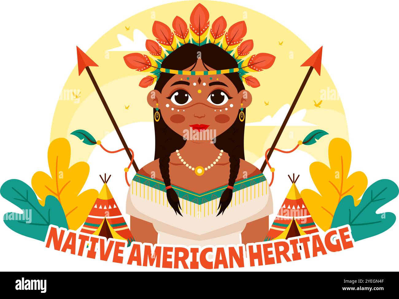 Illustrazione vettoriale della Festa del patrimonio nativo americano che celebra la cultura tribale indigena e le tradizioni in un sottofondo di cartone animato in stile piatto Illustrazione Vettoriale