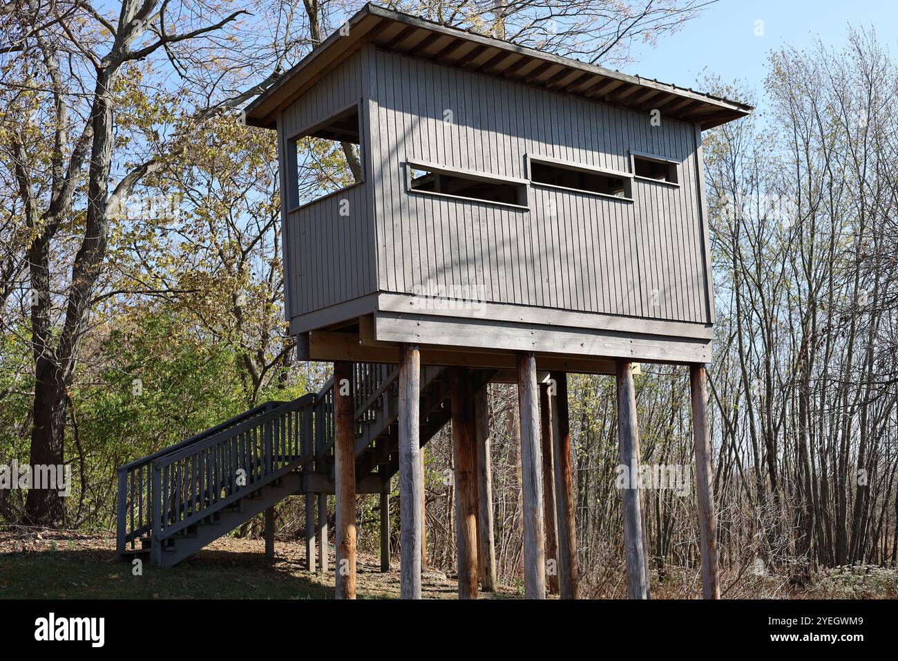 Torre di osservazione per uccelli ciechi nel parco pubblico Foto Stock Torre di osservazione per uccelli ciechi nel parco pubblico Foto Stock
