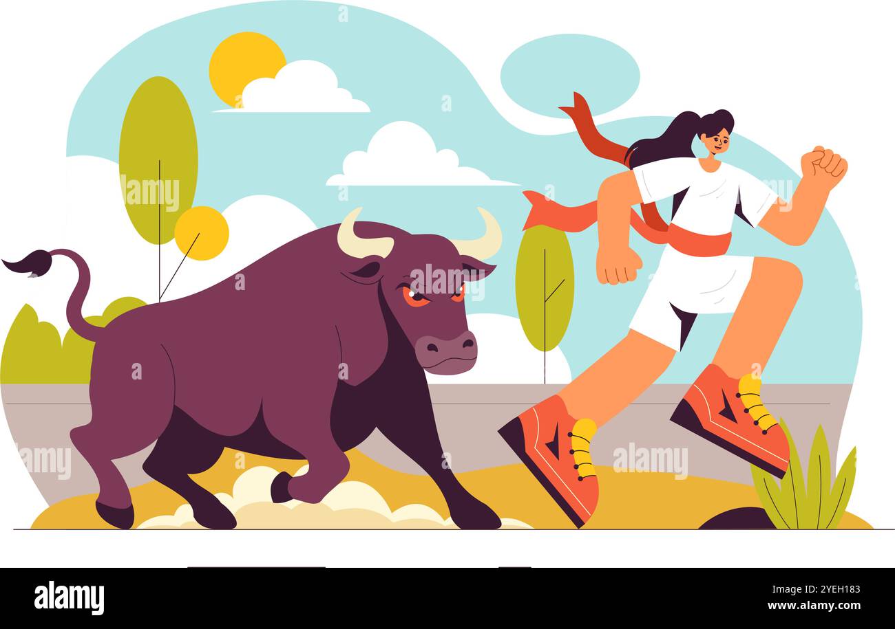 Esecuzione dell'illustrazione vettoriale dei Bulls con una gara di Bullfighting e Bulls che inseguono in un'arena con uno sfondo di cartone animato in stile piatto Illustrazione Vettoriale