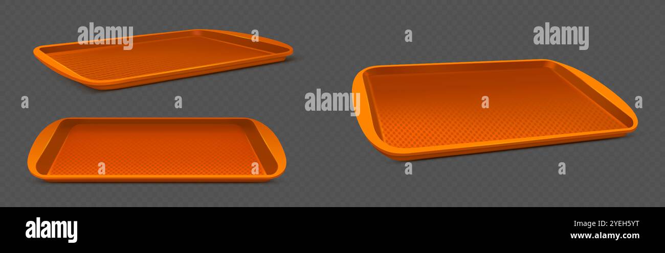 Vassoi in plastica arancione con superficie antiscivolo e antiscivolo da diverse angolazioni. Contenitori rettangolari per alimenti in caffetteria con bordi rialzati e motivi sulla base per il pranzo. Illustrazione Vettoriale