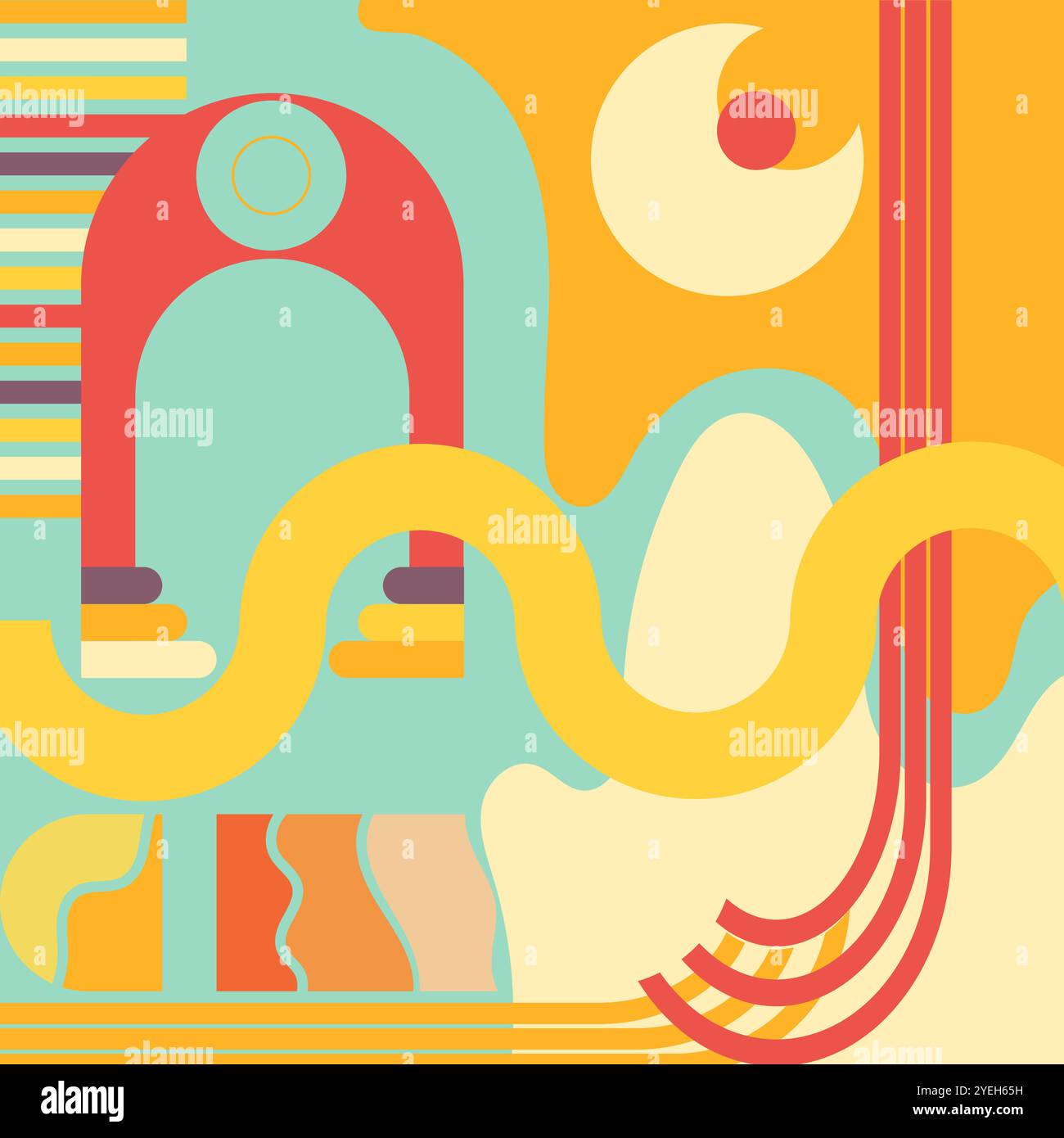 Una composizione astratta vibrante e accattivante caratterizzata da forme geometriche e una figura umana in un paesaggio surreale. Perfetto per il moderno e il contemporaneo Illustrazione Vettoriale