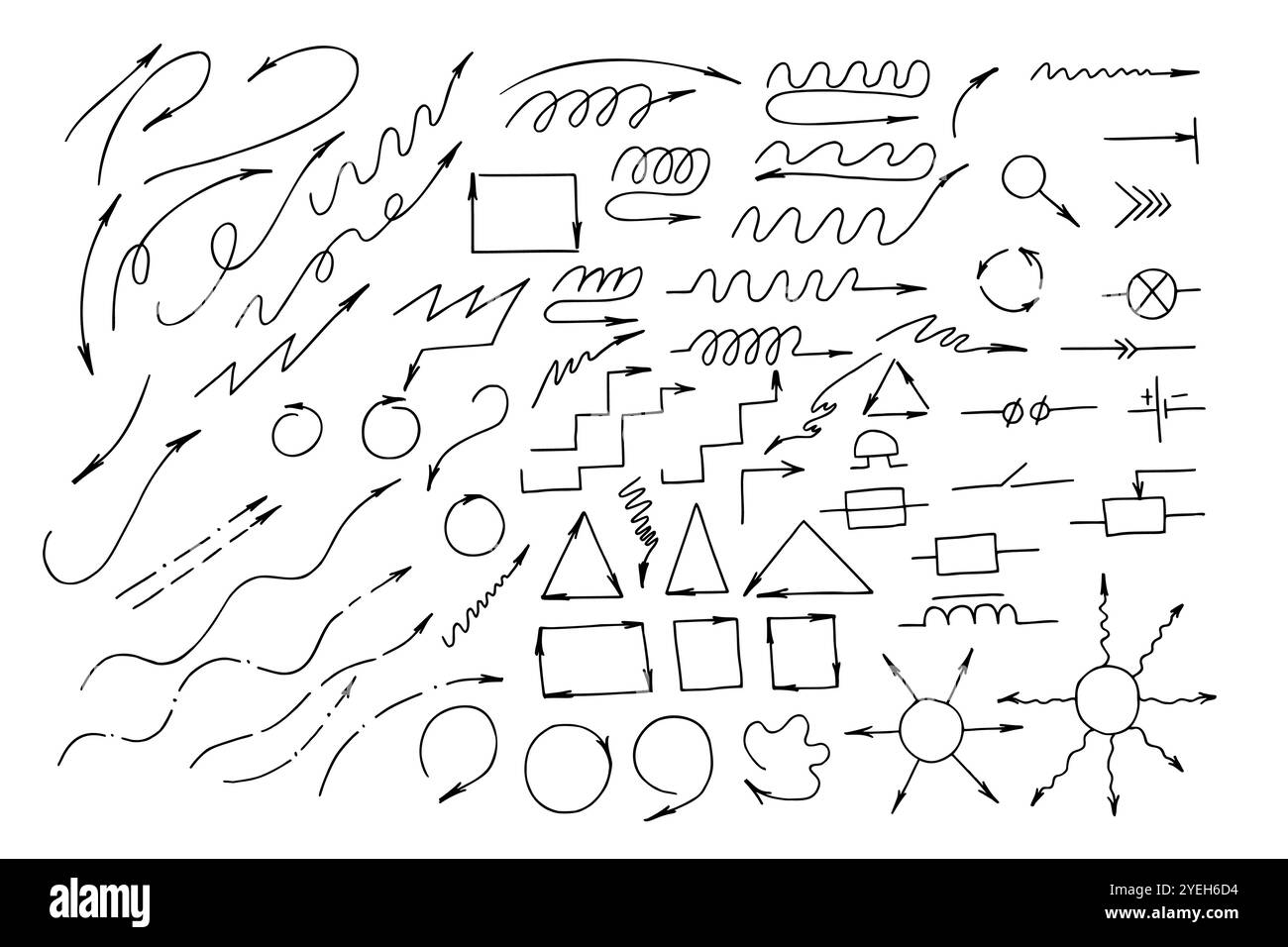 Simbolo delle frecce vettoriali doodle su forme diverse e illustrazione grafica dello schizzo di variazione. Semplice line art della curva, per progetti aziendali Illustrazione Vettoriale