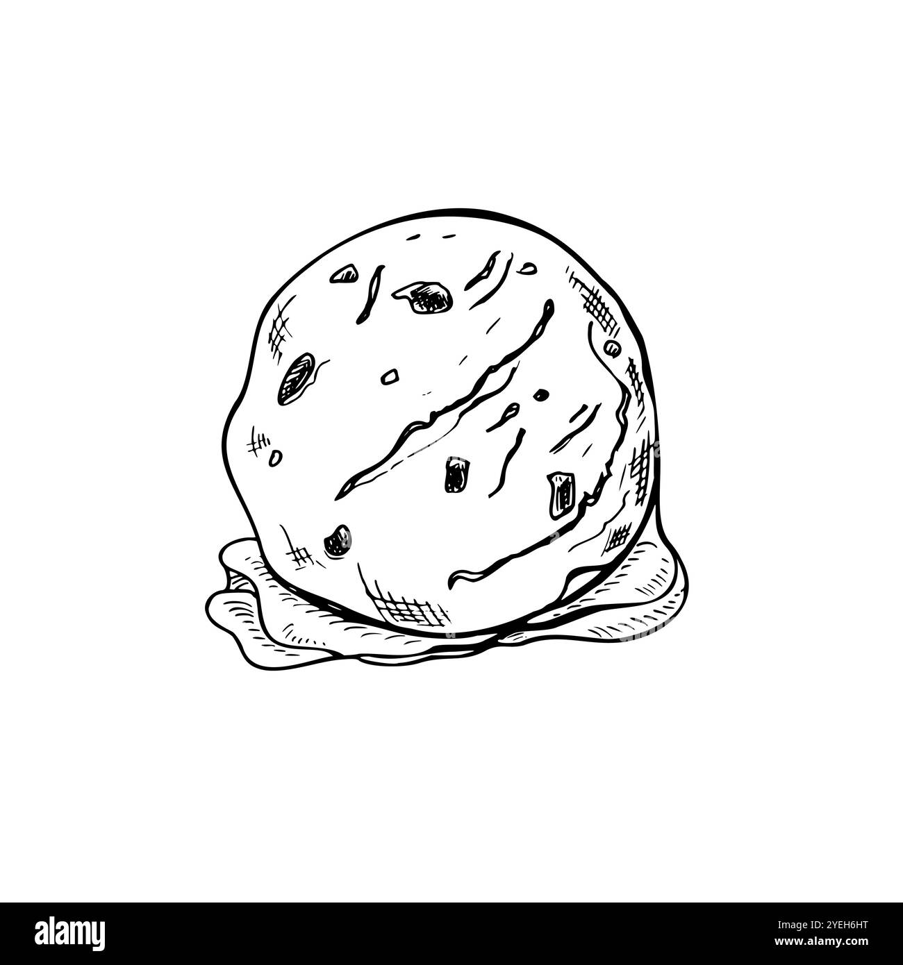 Una pallina da gelato disegnata a mano con disegno vettoriale. Disegno in bianco e nero dell'elemento dolce delizioso congelato per il disegno dell'etichetta Illustrazione Vettoriale