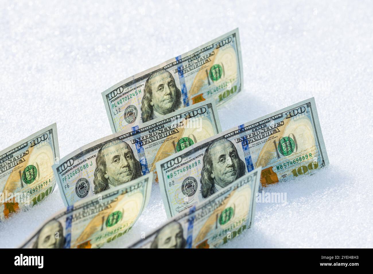 banconote in dollari americani in piedi sul loro fianco sulla superficie della neve nelle soleggiate giornate invernali Foto Stock