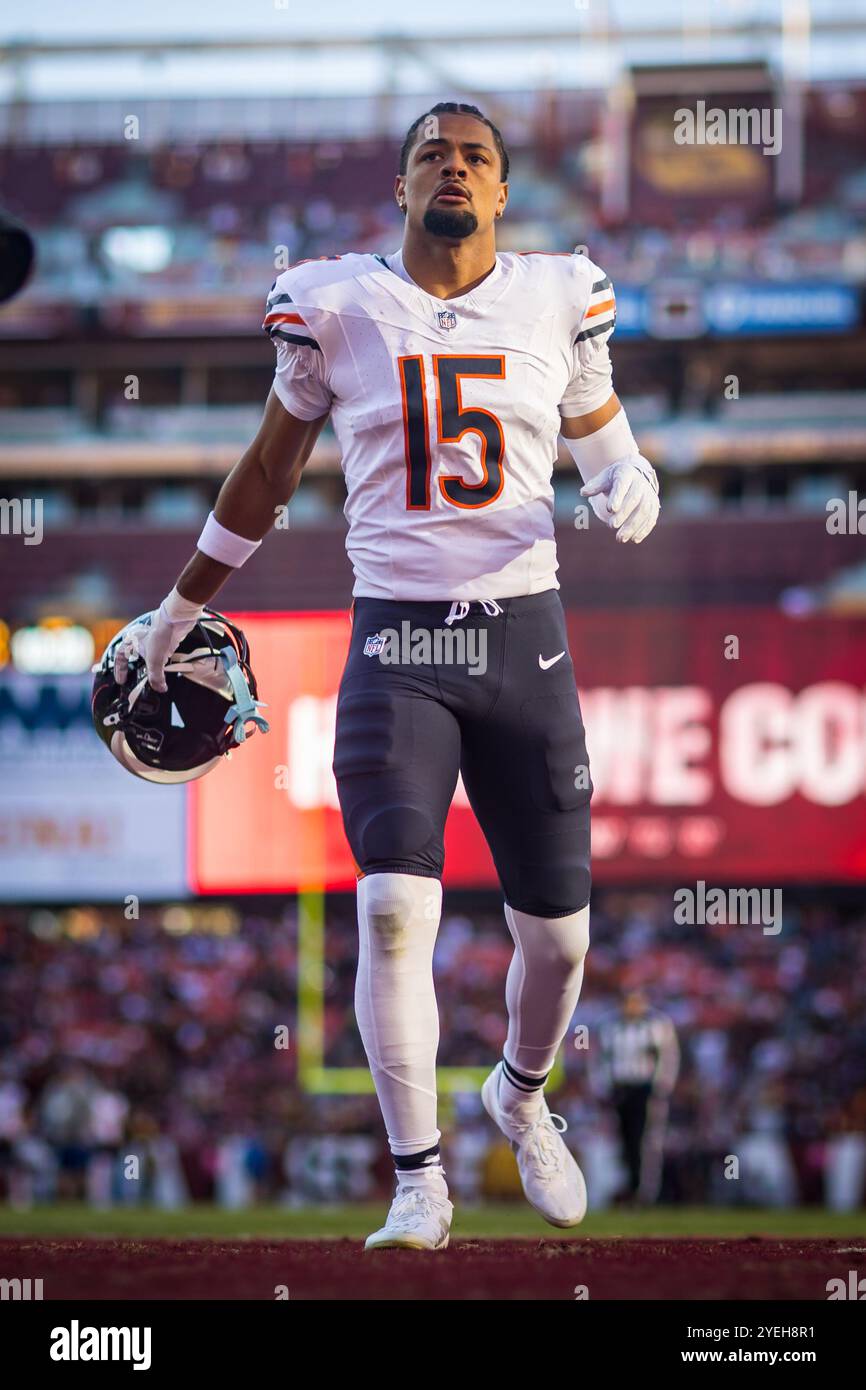 Landover, Maryland, Stati Uniti. 27 ottobre 2024. Il wide receiver dei Chicago Bears Rome Odunze (15) la partita tra Chicago Bears e Washington Commanders giocata a Landover, Maryland. Cory Royster/Cal Sport Media/Alamy Live News Foto Stock