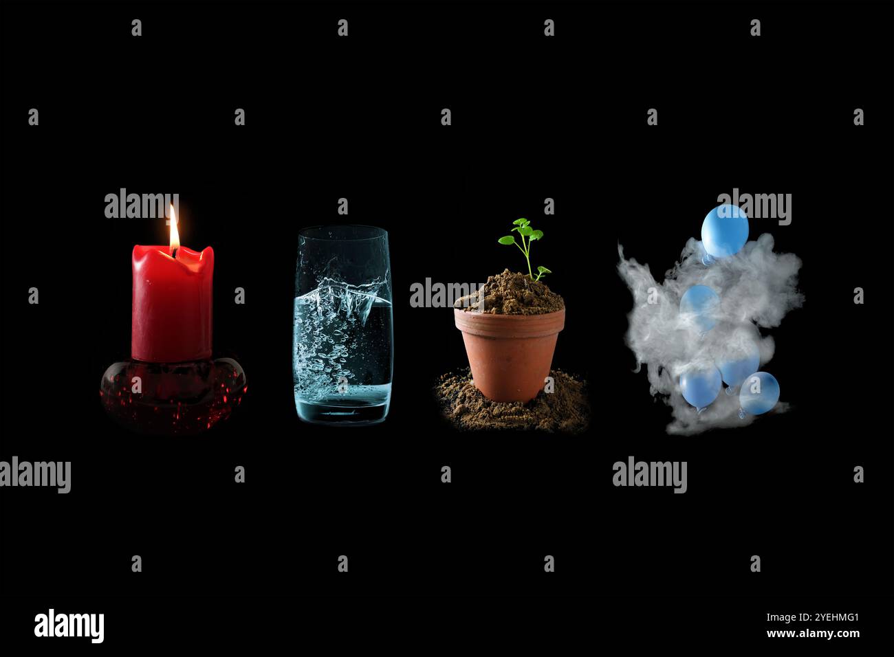 Quattro elementi classici si riferiscono al fuoco, all'acqua, alla terra e all'aria per spiegare la natura, simboleggiata in una fotografia di natura morta da candela, bicchiere d'acqua, p Foto Stock