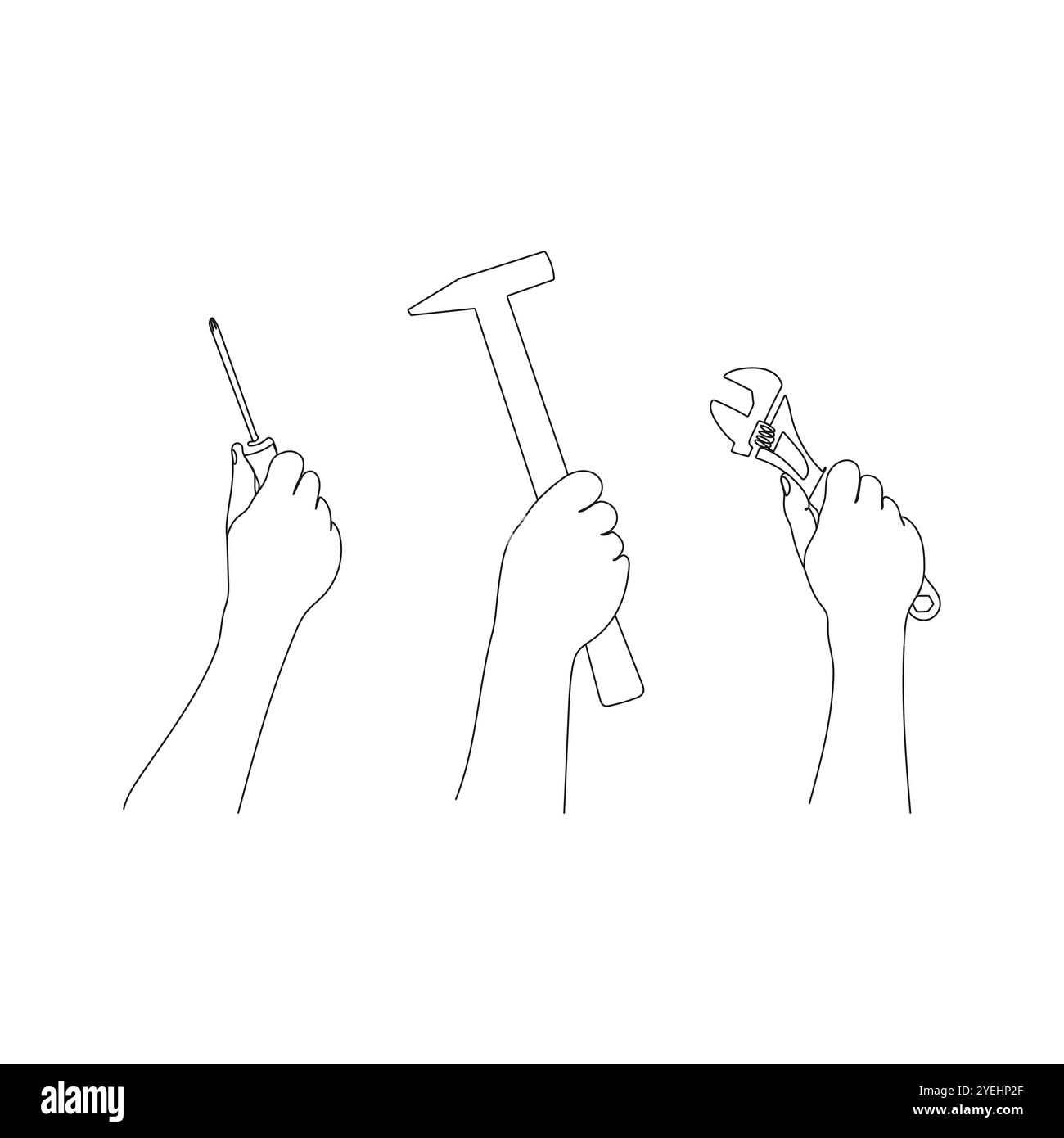 Mani umane impugnano gli strumenti di riparazione. Utensili di lavoro - martello, chiave, cacciavite. Arte su una linea. Illustrazione vettoriale disegnata a mano. Illustrazione Vettoriale